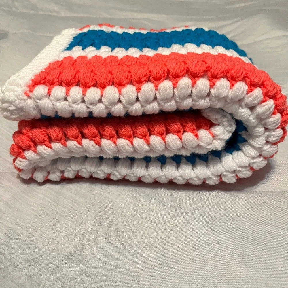 Handmade Crochet Baby Blanket Vibrant Pink Teal White Striped‎ Knit Afghan